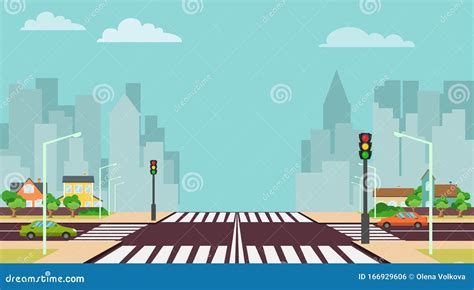 Cartoon City Crossroads With Traffic Lights Sidewalk Crosswalk And