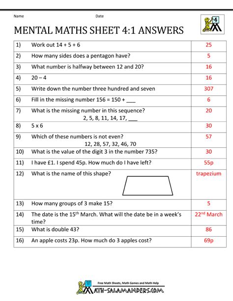 mental maths test year  worksheets