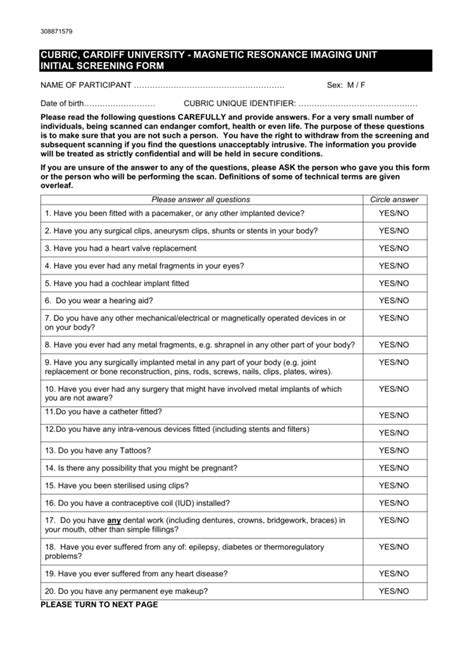 Mri Screening Sheet Fill Online Printable Fillable Bl