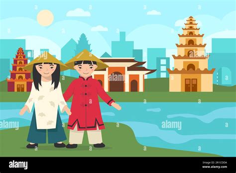 Asian Girl And Boy Wearing Traditional Clothes And Hats Stock Vector