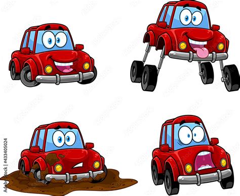 Red Car Cartoon Character Poses Vector Collection Set Isolated On