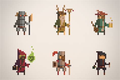 Six Pixellated Characters In Different Styles And Colors
