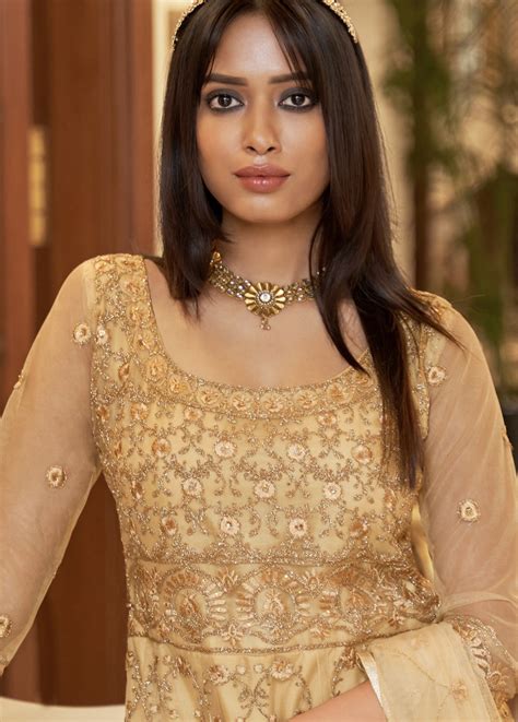 Beige Net Embroidered Anarkali Suit Salwar Kameez Designer Collection