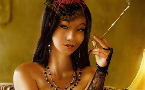 X Digital Art Women Artwork Brunette Long Hair Asian Headband Cigarettes Face Necklace