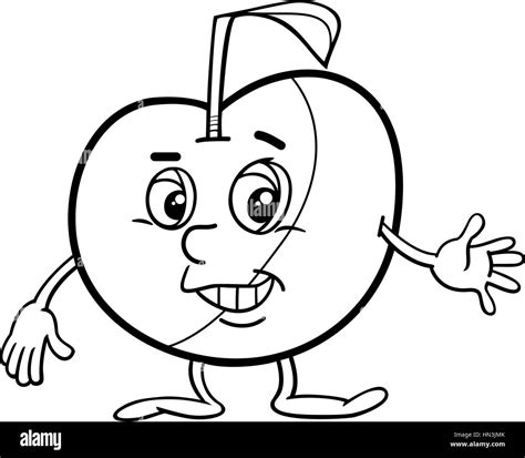 Black And White Cartoon Illustration Of Apple Fruit Food Object Character Coloring Page Stock