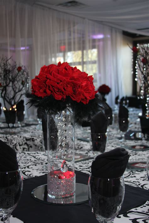 Red And Black Roses Centerpiece Black Party Decorations Red Silver