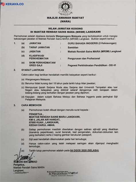Pelajar tahun enam 2019 yang berminat serta cemerlang dalam sahsiah diri dan akademik untuk kemasukan ke tingkatan 1 mrsm tahun 2020 di semenanjung. Kerja Kosong Di Maktab Rendah Sains Mara (MRSM) Langkawi ...