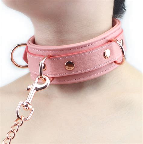 special pink thick leather bondage set collar with leash etsy
