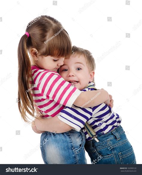 Happy Adorable Kids Hugging Each Other Isolated On White