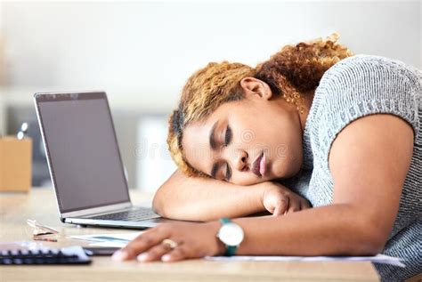 Stress Burnout And Sleeping Business Woman In Modern Office Workplace