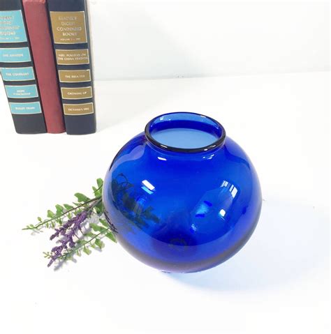 Vintage Cobalt Blue Art Glass Vase Hand Blown Round Orb Shaped Flower Vase Mod Mid