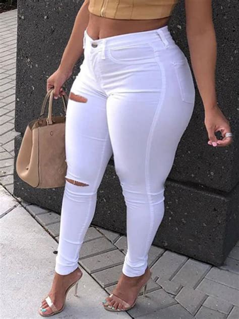 Lovely Plus Size Trendy Hollow Out White Jeanslw Fashion Online For