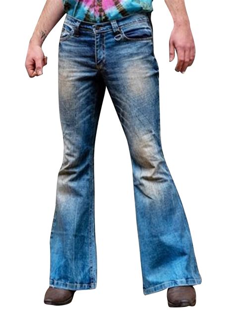 Men Bell Bottom Jeans 60s 70s Vintage Flared Denim Pant Stretch Trouser