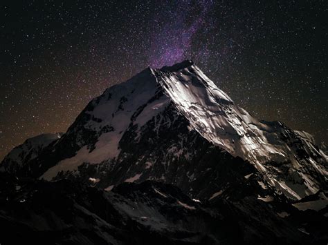 Desktop Wallpaper Mountain Peak Starry Sky Snow Capped Beautiful Hd