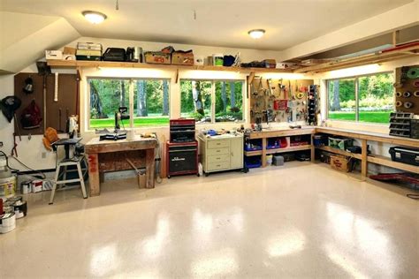 Garage Workshop Layout Ideas Finished Floor And Overhead Storage Lots Of Light Setup Sale