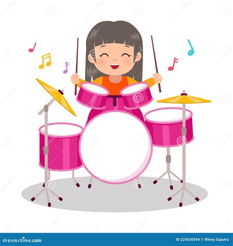 Cute Girl Playing Drum Instrument Musical Clip Art Stock Vector