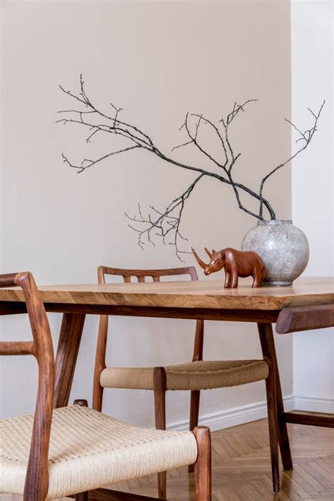 Stylish Dining Room In Japandi Interior Design Style Stock Photo