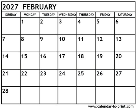 February 2027 Calendar Printable