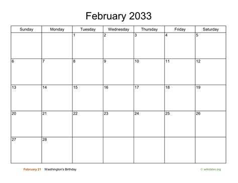 Basic Calendar For February 2033