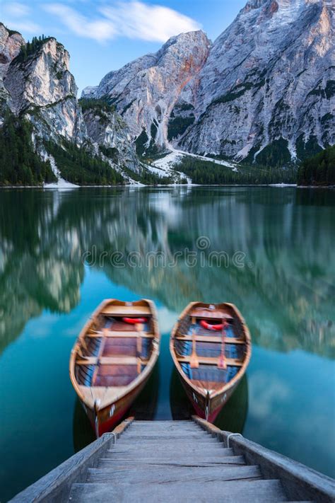 Boats On The Braies Lake Pragser Wildsee In Dolomites Mounta Stock