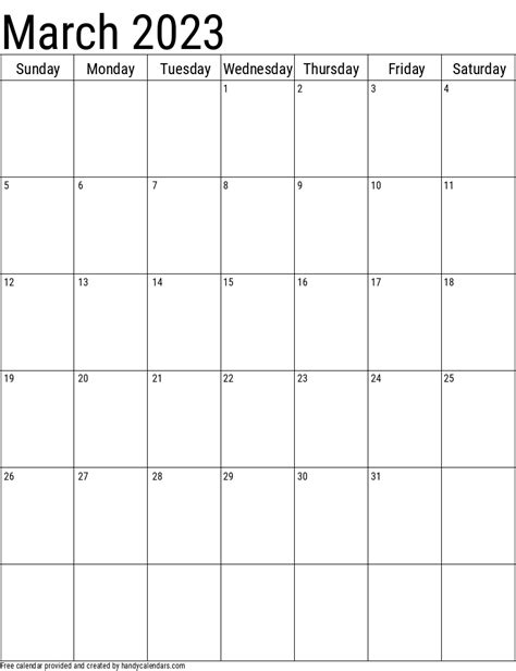 March 2023 Vertical Calendar Handy Calendars
