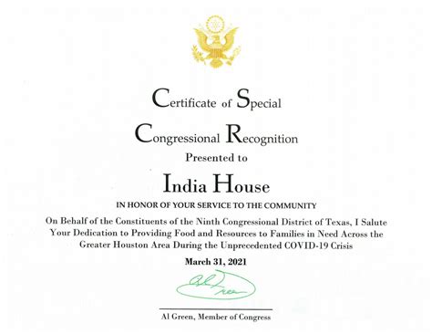 2021 03 31 Al Green Certificate Of Special Recognition Covid Response