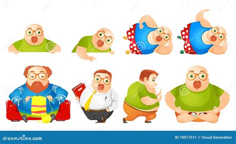 Vector Set Of Cheerful Fat Man Illustrations Stock Vector Illustration Of Human Cheerful