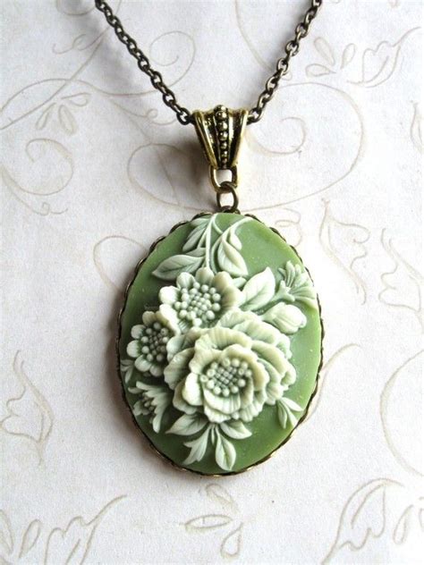 Green Cameo Necklace Flower Cameo Pendant Sage Green Cameo Etsy