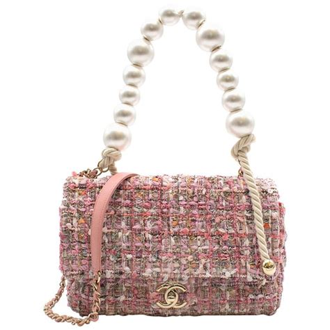 Chanel Pink Tweed Flap Bag With Large Pearl Handle Ss19 Collection At