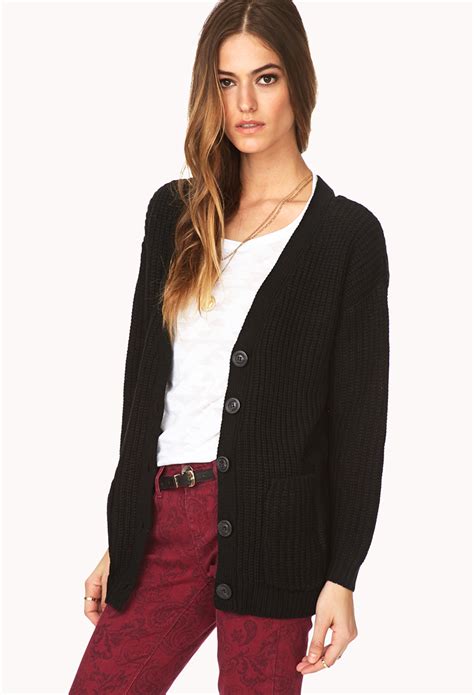 Lyst Forever 21 Standout Cable Knit Cardigan In Black