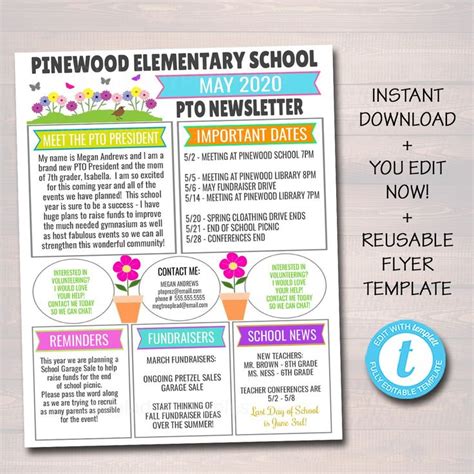May Pto Pta Newsletter Flyer Classroom Printable Handout Template