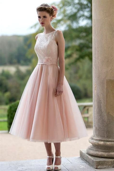 Discount Vintage 2016 Lace Blush Pink Wedding Dresses Party Back Button Sleeveless Tea Length O