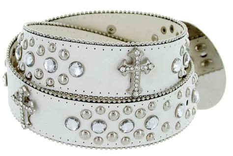 Western Cowgirl Studded Crystal Rhinestone Cross White Leather Belt 15