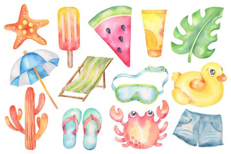 summer vibes watercolor clipart beach pool elements by vivitta thehungryjpeg
