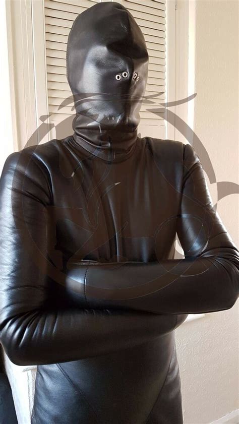 Leather Bondage Suit Jumpsuit Catsuit With Attached Hood