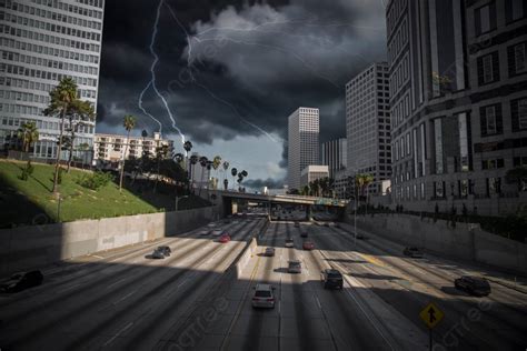 Heavy Thunderstorm With Lightning Los Angeles Views Of The Road And The