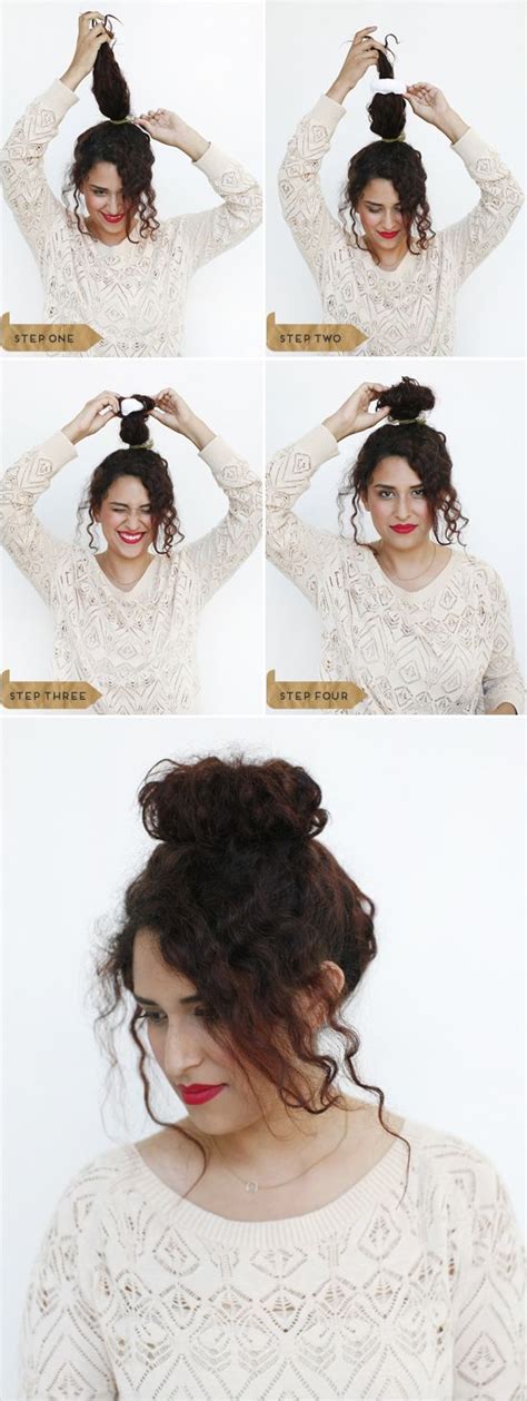 Brush the hair to make it have more texture and use the pins to arrange the lower locks into a faux bun. Buns, Curly hair and Sock buns on Pinterest