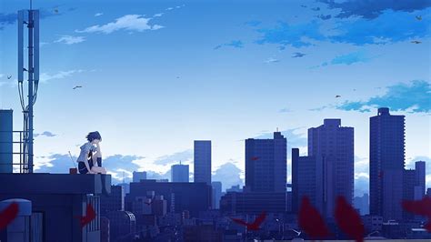 Anime Girl Sitting Cityscape Buildings Leaves Wind Sky Clouds