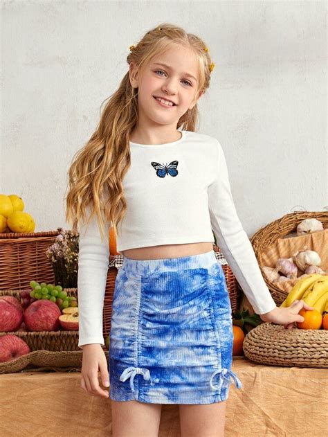Girls Butterfly Embroidered Rib Knit Tee And Drawstring Tie Dye Skirt Set