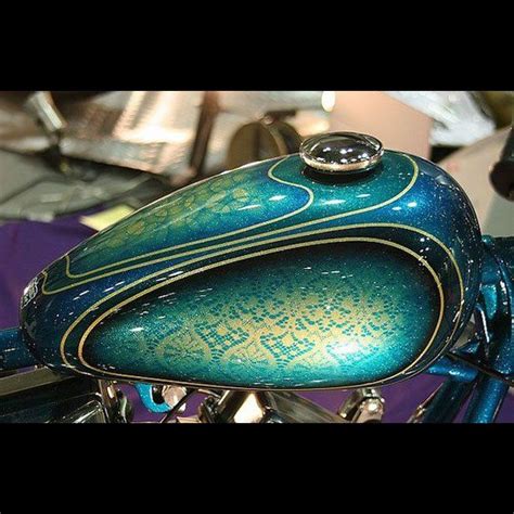 A paint job will always be the elite option for true quality, design intricacy and durability on your bike. Blue and White Retro Tank with Metal Flakes and Lace Paint ...