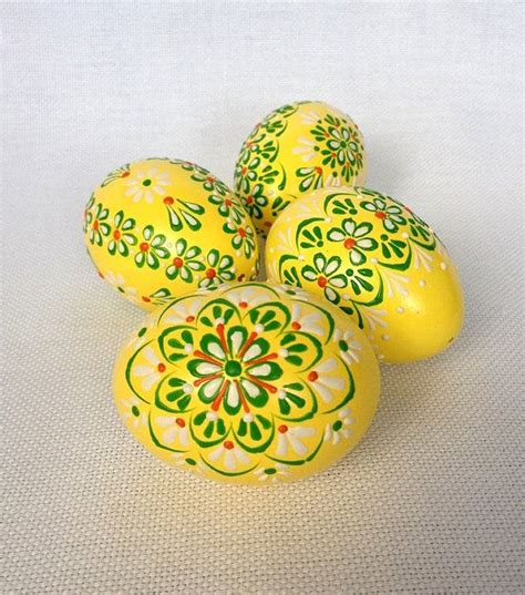 Set Of 4 Yellow Hand Decorated Colours Painted Chicken Easter Egg