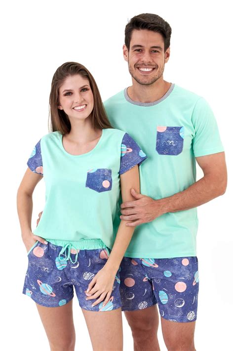 Kit Pijama De Casal Combinando Planetas Malha Algodão