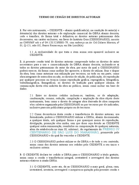 Modelo Termo De Cessao De Direitos Autorais Copyright Government