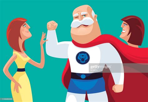 Vector Illustration Of Tough Senior Super Hero With Women Superhero