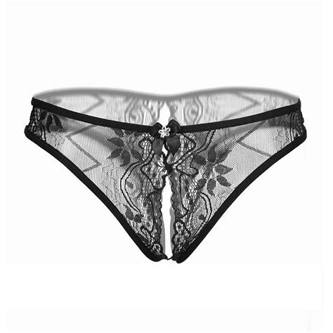 Women Exotic Sexy Panties Open Crotch Lace Flower Underwear Crotchless Underpants Bowknot Decor