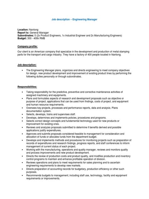 Job Description Engineering Manager Engineer Engineering