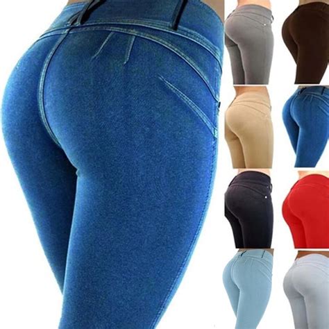 Fashion Women Honey Peach Push Up Hip Stretch Skinny Leg Casual Solid Butt Lifting Jeans Elastic