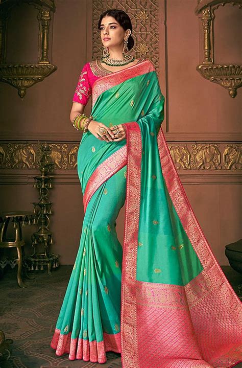 Buy Pure Banarasi Silk Embroidered Saree In Jade Green Online Like A Diva