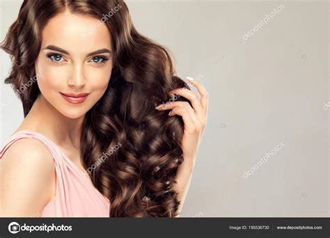 Brunette Girl Long Healthy Shiny Curly Hair Beautiful Model Woman
