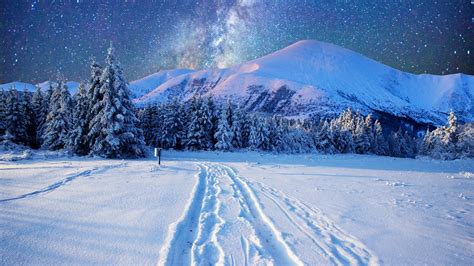 Milky Way On The Night Sky Over The Snowy Mountains Wallpaper Backiee
